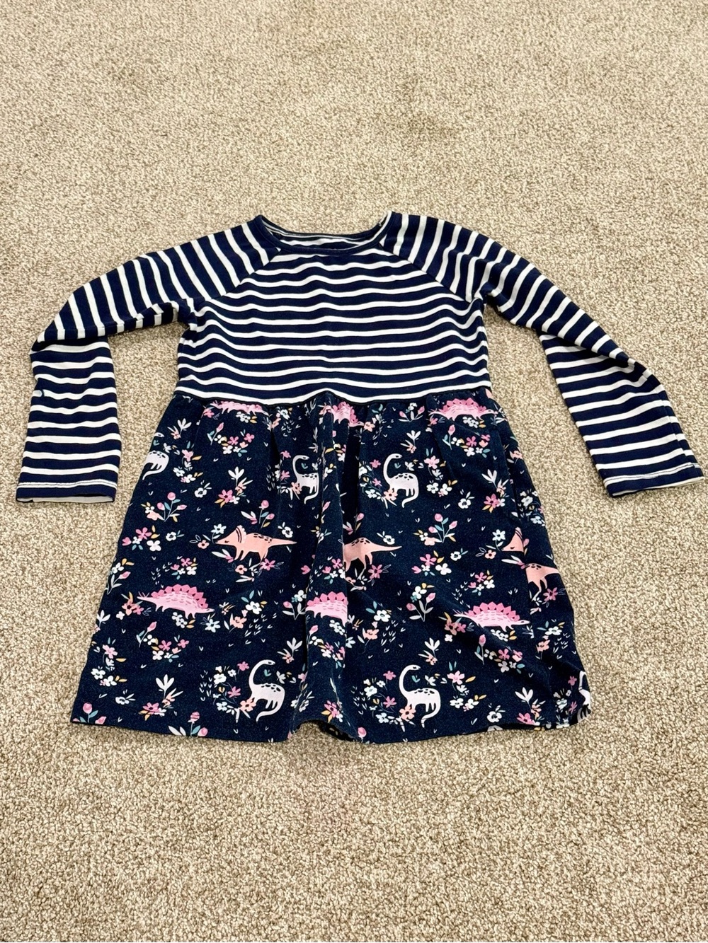 Rumi + Ryder Girls Navy Striped Dress with Dinos